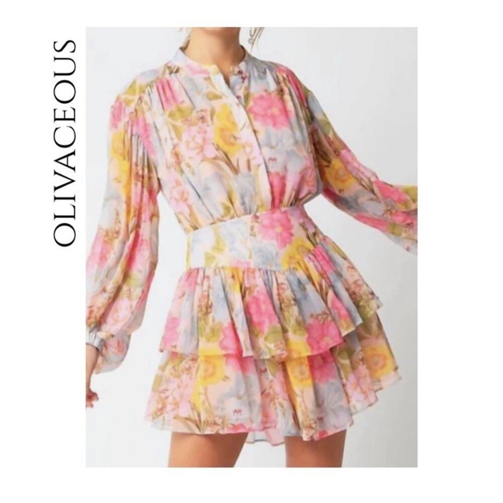 Olivaceous Dress Women's Size Medium Pink Ruffled Style Tiered Long Sleeve ES